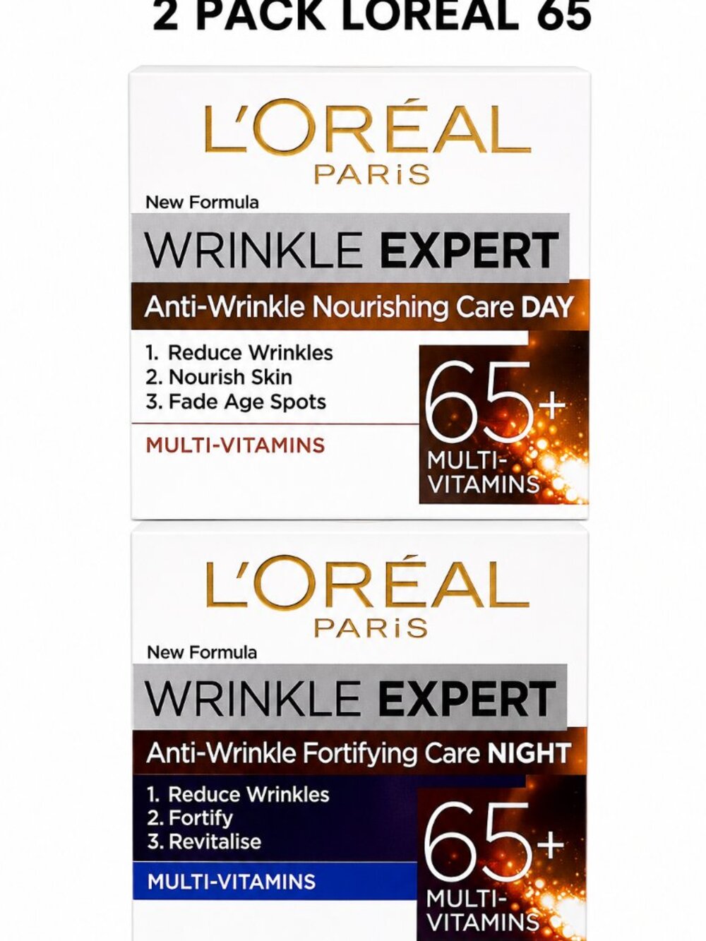 2 Pack L'Oreal Paris Wrinkle Expert 65+ Anti-Wrinkle Day & Night Cream 50ml Each